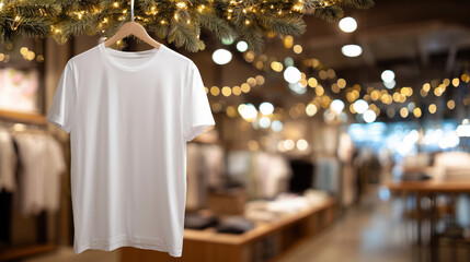 Festive retail store in Christmas theme with one white t-shirt mockup on hanger in boutique display, decorated with Christmas garland and lights.