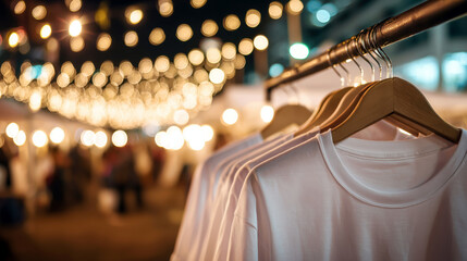 Street urban Christmas with white t-shirt mockup hanging on clothing rack in outdoor Christmas market, blurred lights behind, wide empty side space.