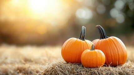 Three vibrant pumpkins sit on hay under soft sunlight, capturing the essence of autumn and harvest season.