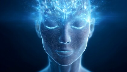 Calm expression with biometric scan showing mindfulness levels in real time cyber blue and silver glow