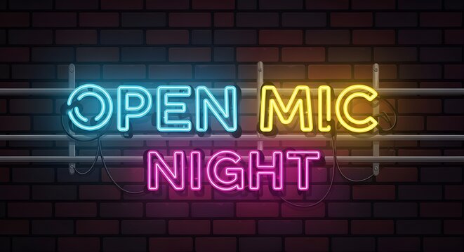 Open Mic Night neon sign on brick wall