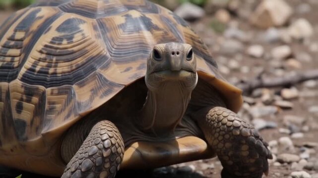 Large tortoise walking slowly on natural ground with patterned shell in a peaceful outdoor scene