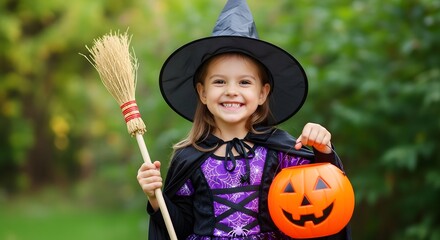 A happy young girl in a witch costume smiles while holding a broom and a jack-o'-lantern candy bucket outdoors.