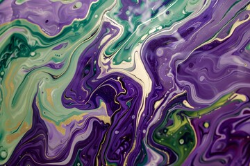 Obraz premium Abstract fluid art painting with swirling purple, green, and gold colors, creating a mesmerizing marble effect