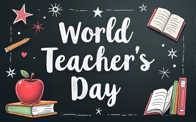Chalkboard design celebrating World Teacher’s Day with books, apple, and school-related drawings. Education appreciation, teacher gratitude, classroom celebration, educational events. High quality