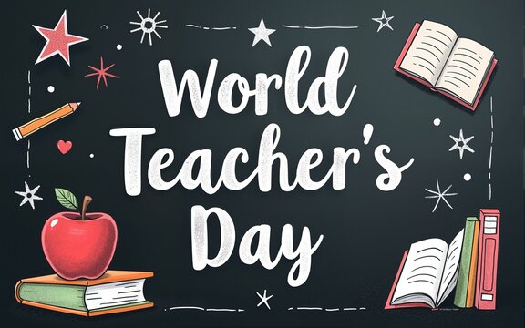 Chalkboard design celebrating World Teacher’s Day with books, apple, and school-related drawings. Education appreciation, teacher gratitude, classroom celebration, educational events. High quality