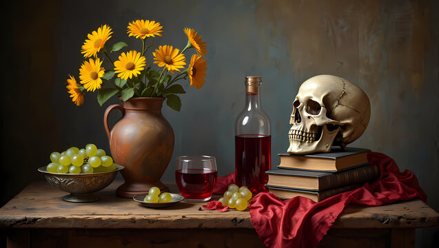 A memento mori still life featuring vibrant yellow flowers, ripe grapes, a bottle of wine, and a skull atop old books on a rustic table