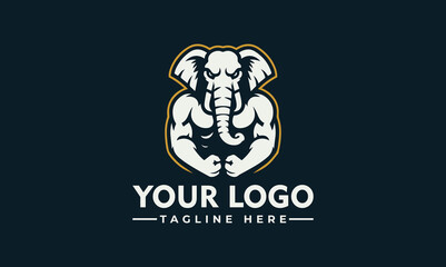 Powerful elephant logo design with muscular physique, featuring a strong stance and a tagline area.