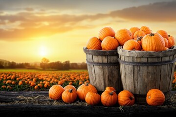 A scenic sunset view featuring baskets filled with vibrant pumpkins, surrounded by a sprawling pumpkin field, creating a warm autumn atmosphere.