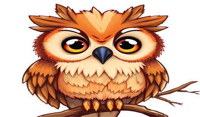 A cute cartoon owl with big eyes and brown feathers perches on a branch in this fun vector illustration