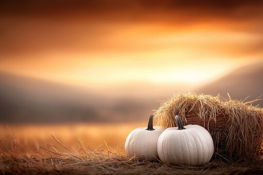 A serene autumn scene featuring two white pumpkins beside a haystack, set against a warm, glowing sunset backdrop.