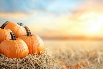 A serene autumn scene featuring pumpkins nestled in straw against a backdrop of a colorful sunset.