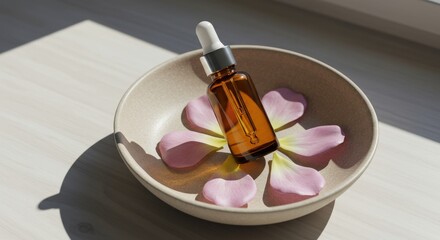 Amber Serum Bottle with Pink Petals in a Bowl Spa Concept.