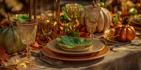 Fototapeta premium Festive Thanksgiving dinner table setting with rustic decorations, pumpkins, and autumn leaves in warm, ambient candlelight