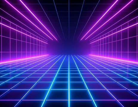 Abstract neon grid tunnel with glowing blue and purple lines creating a futuristic digital perspective.