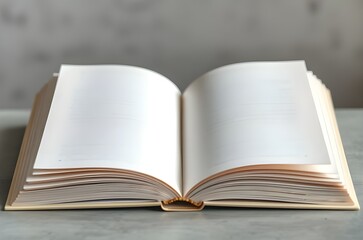 Obraz premium Open book with blank pages rests on a neutral-toned surface.