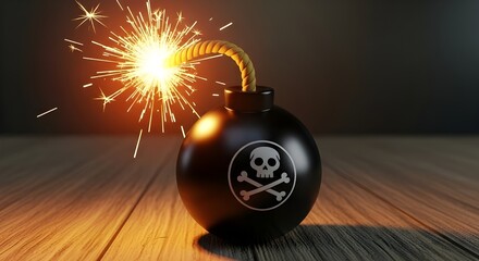 Lit Bomb 3D Render with Sparking Fuse and Skull Symbol on Wooden Surface