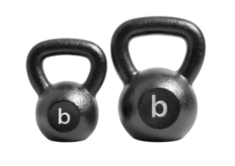 Two cast iron kettlebells in different sizes, isolated on a transparent background, PNG