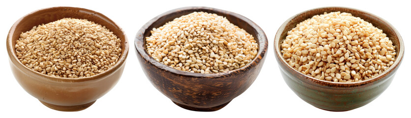 Three bowls of sesame seeds