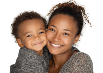 Happy mother holding smiling baby boy, isolated on a transparent background, PNG