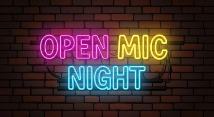 Open Mic Night neon sign on brick wall