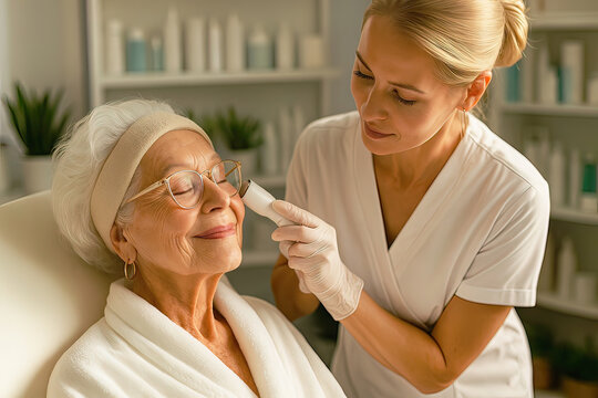 An elderly woman receives a gentle facial treatment from a skincare professional in a spa setting. Generated AI.