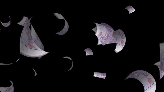 Money rain 100 ringgit malaysia banknotes money falling down. malaysia currency. 3D render. Animation. paper money bills falling. Business and finance