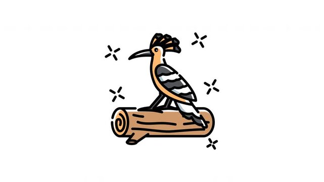 Hoopoe bird icon animation a celestial hoopoe perched on a log is embraced by shimmering magical stars.