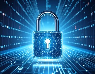 A glowing blue digital padlock symbolizing cybersecurity and data protection in a futuristic network environment.