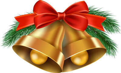 Christmas bells tied with ribbons and needles