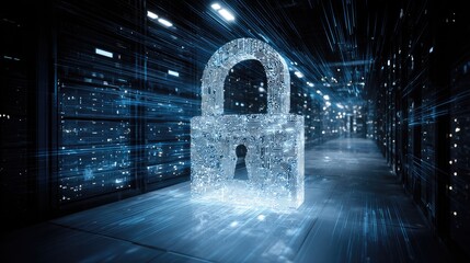A glowing, icy padlock icon stands in a server room,  surrounded by  blurred,  blue data streams