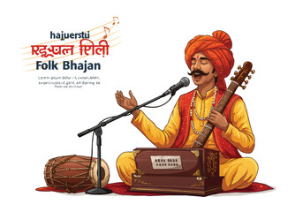 Vibrant realistic 2D vector illustration depicts a Rajasthani folk artist joyfully singing a traditional bhajan, adorned in colorful ethnic attire on a clean white background.