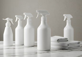 White cleaning spray bottles and microfiber cloths