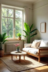 Serene living room filled with natural light, plants, and comfortable furniture creating a calming and peaceful atmosphere, perfect for relaxation and self-care , comfort, hygge