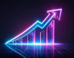 Vibrant neon glowing bar chart with an upward arrow symbolizing growth and success in a digital, futuristic setting.