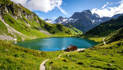 Serene alpine lake with a charming cabin surrounded by majestic mountains