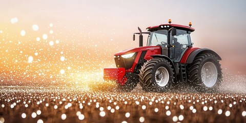 Fototapeta premium A red tractor plows a field at sunset, creating a dramatic scene with sparkling lights in the background, showcasing agricultural machinery in action.
