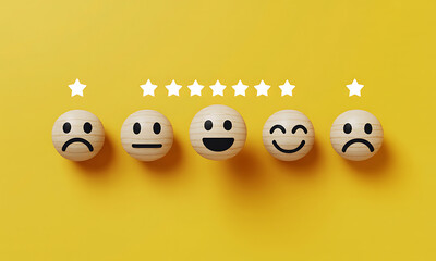 Five painted eggs with different facial expressions representing customer satisfaction ratings and star ratings above them on a yellow surface.