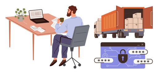 Man working at desk with laptop and documents, freight truck loaded with packages, digital security padlock with password encryption. Ideal for logistics, cybersecurity, supply chain, e-commerce