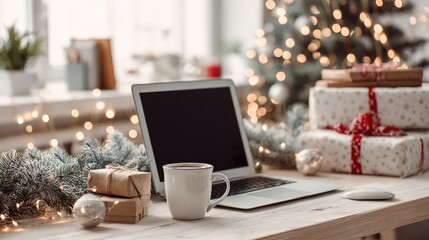 Festive Christmas Home Office with Laptop, Gifts and Holiday Lights