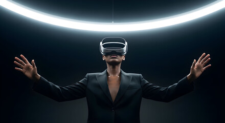 Futuristic businessman wearing a VR headset, arms outstretched, illuminated by a bright ring of light, exploring the metaverse, a symbol of technological advancement and innovation.