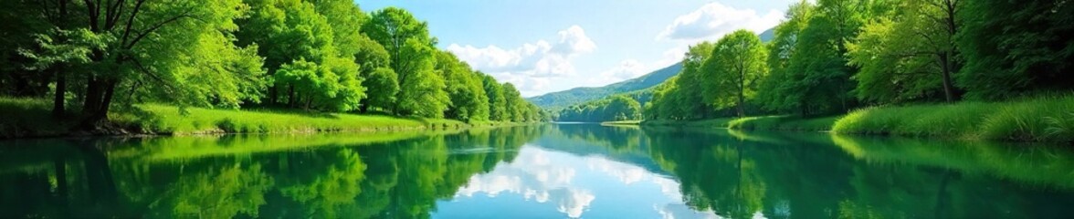 Serene summer scene of a calm waterway reflecting lush green trees and a clear blue sky Perfect for travel, nature, and relaxation themes , landscape, summer, river