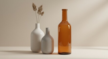 Minimalist Still Life: Vases and Dried Plants Neutral Tones.