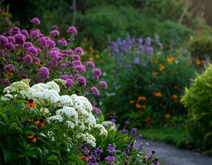Vibrant flowerbeds in a garden, showcasing a mix of purple, white, and orange blooms