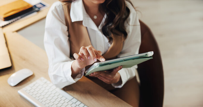 Tablet, hands and reading with business woman in office for event planning, venue coordinator and research. Timeline progress, convention schedule and review with person in agency for guest list