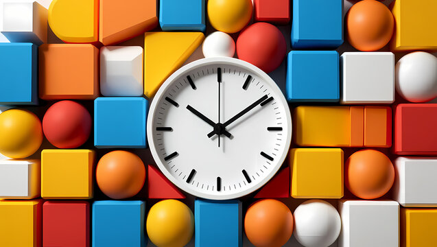 A clock surrounded by colorful geometric shapes, creating a vibrant and playful composition, representing time management and creativity