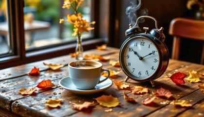 A rustic cafÃ© table with steaming coffee cup beside small vintage clock, time set back one hour