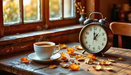 A rustic cafÃ© table with steaming coffee cup beside small vintage clock, time set back one hour