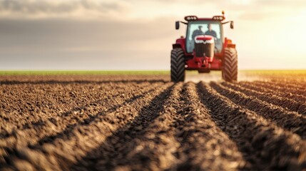 Obraz premium A red tractor plows a field, creating distinct furrows under a bright sky, symbolizing agricultural activity and rural life.