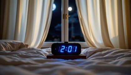 A cozy bedroom where digital alarm clock shifts from 2:00 to 1:00 a.m